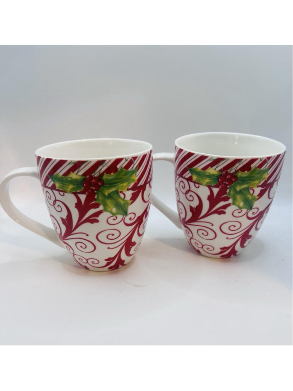 Ciroa Fiori Christmas Mugs Red White Bone China Stripe Holly Coffee Tea Set of 2